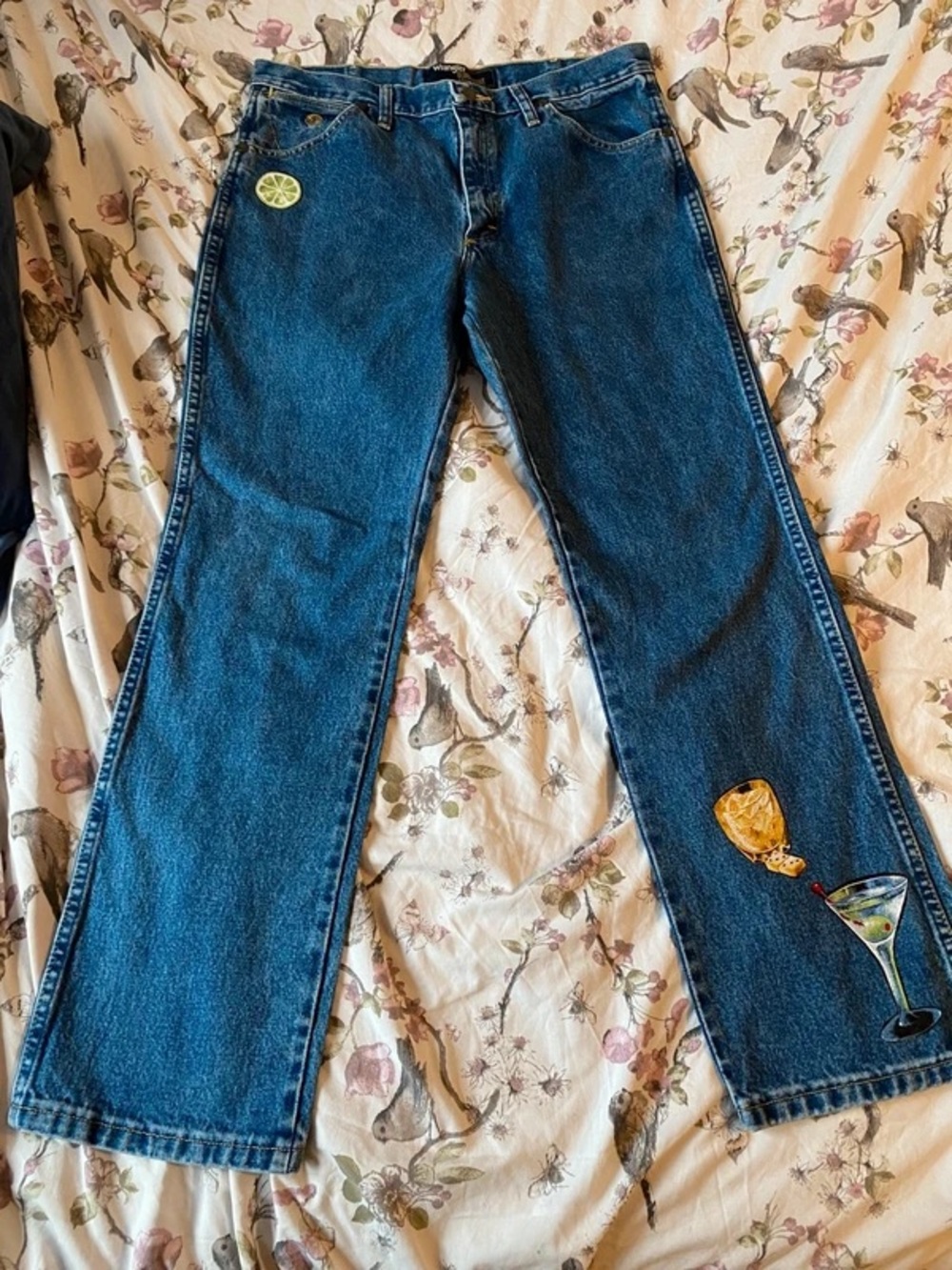 Wrangler Straight Leg Jeans - Dark Blue Denim with Colorful Patch Accents